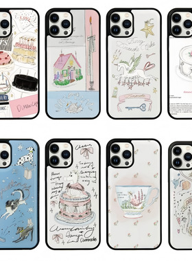 dimanche韩国代购复古ins风草莓蛋糕独角兽手绘风插卡黑边手机壳