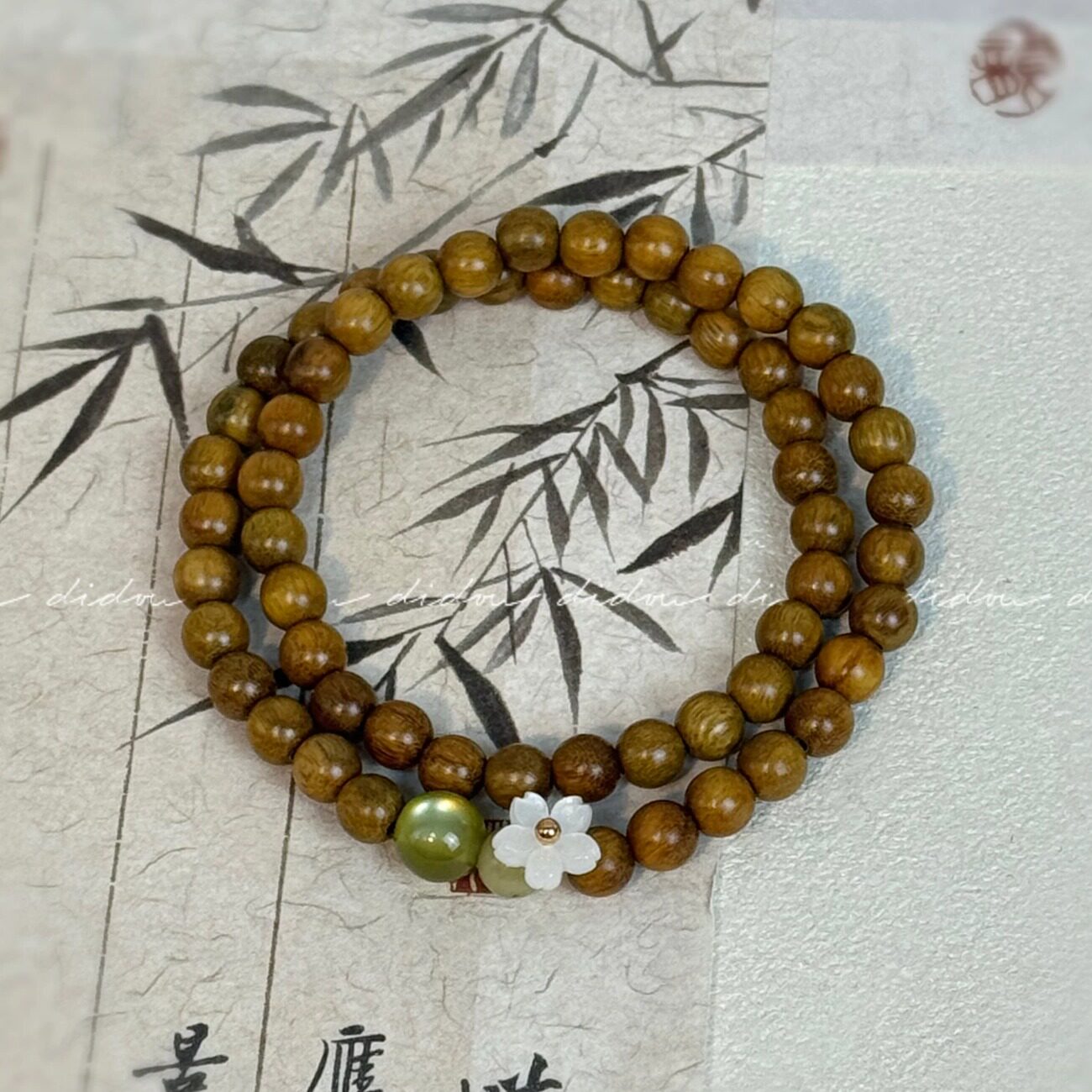 正品绿檀木手串茉莉花清冷感手链