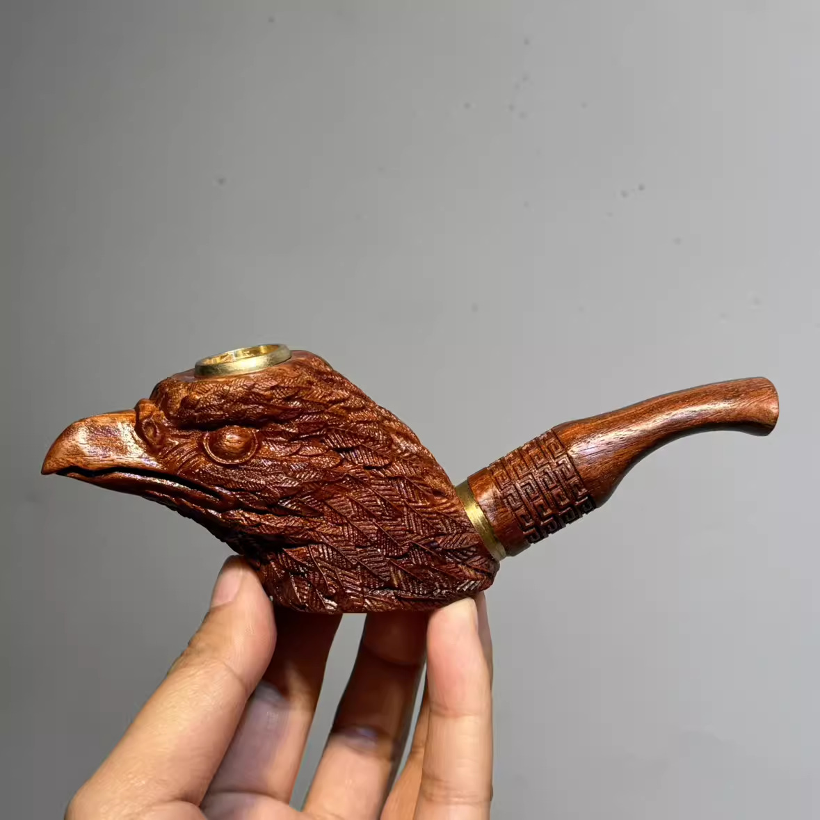 新款实木头雕刻老鹰头烟袋