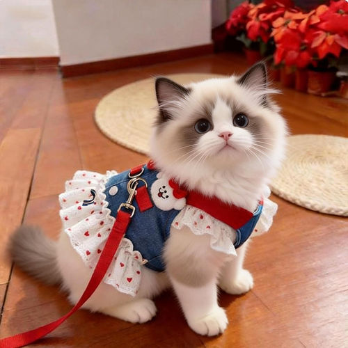 猫咪衣服新款春夏季薄款牛仔裙布偶金渐层可爱透气宠物胸背牵引裙