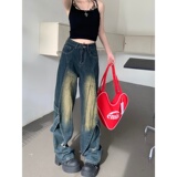 2070-P55复古做旧拼接设计感牛仔裤女阔腿中性美式长裤新款，男装牛仔裤，电商A306A