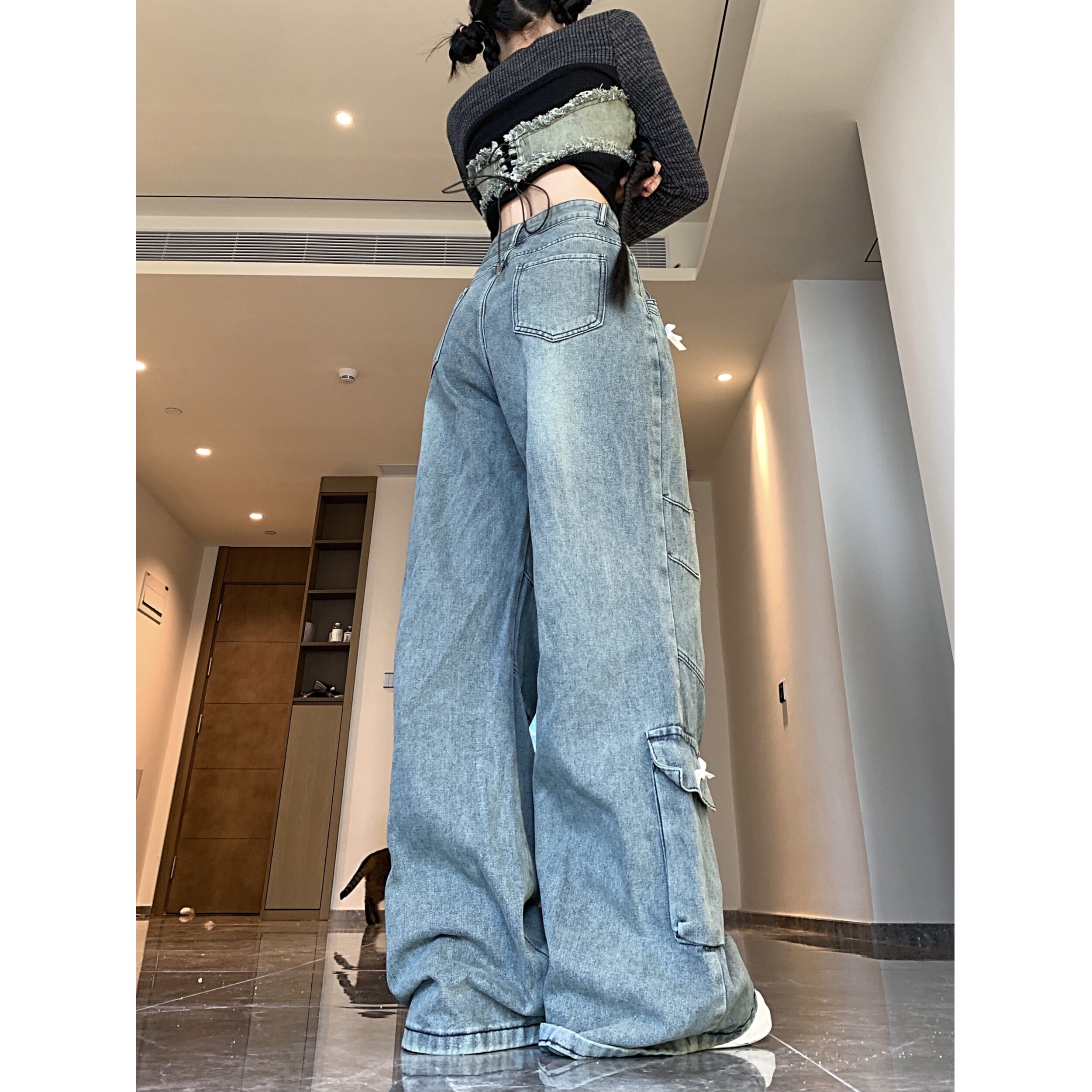 2025四季新款蝴蝶结设计感牛仔裤女cleanfit风直筒百搭长裤子,女装牛仔裤,电商A306A