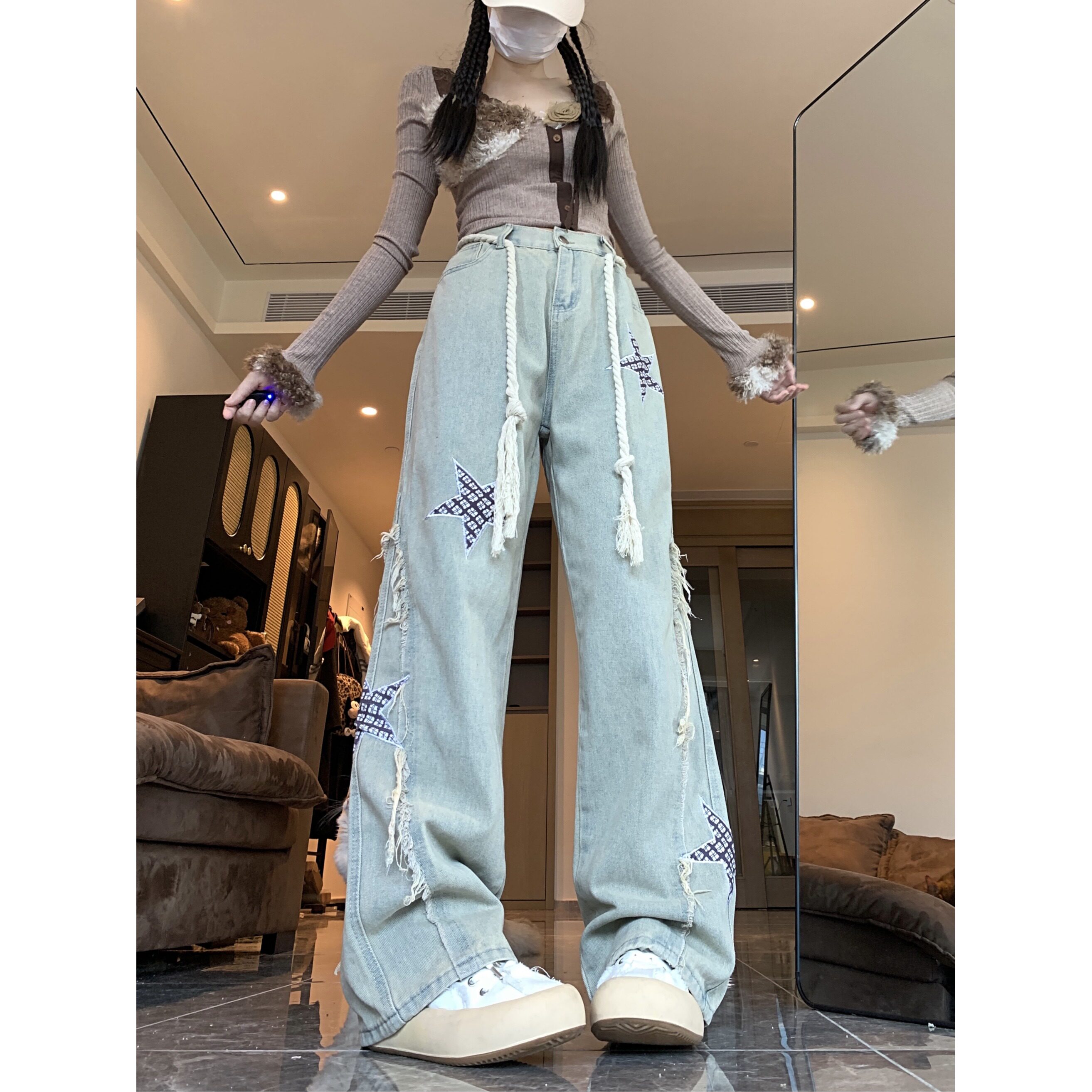 6044-P42特小众设计感星星美式街头牛仔裤女潮高街复古直筒裤,男装牛仔裤,电商A306A
