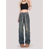 7775-P40复古设小众高腰毛边牛仔裤女高街宽松显瘦直筒长裤，女装牛仔裤，电商A306A
