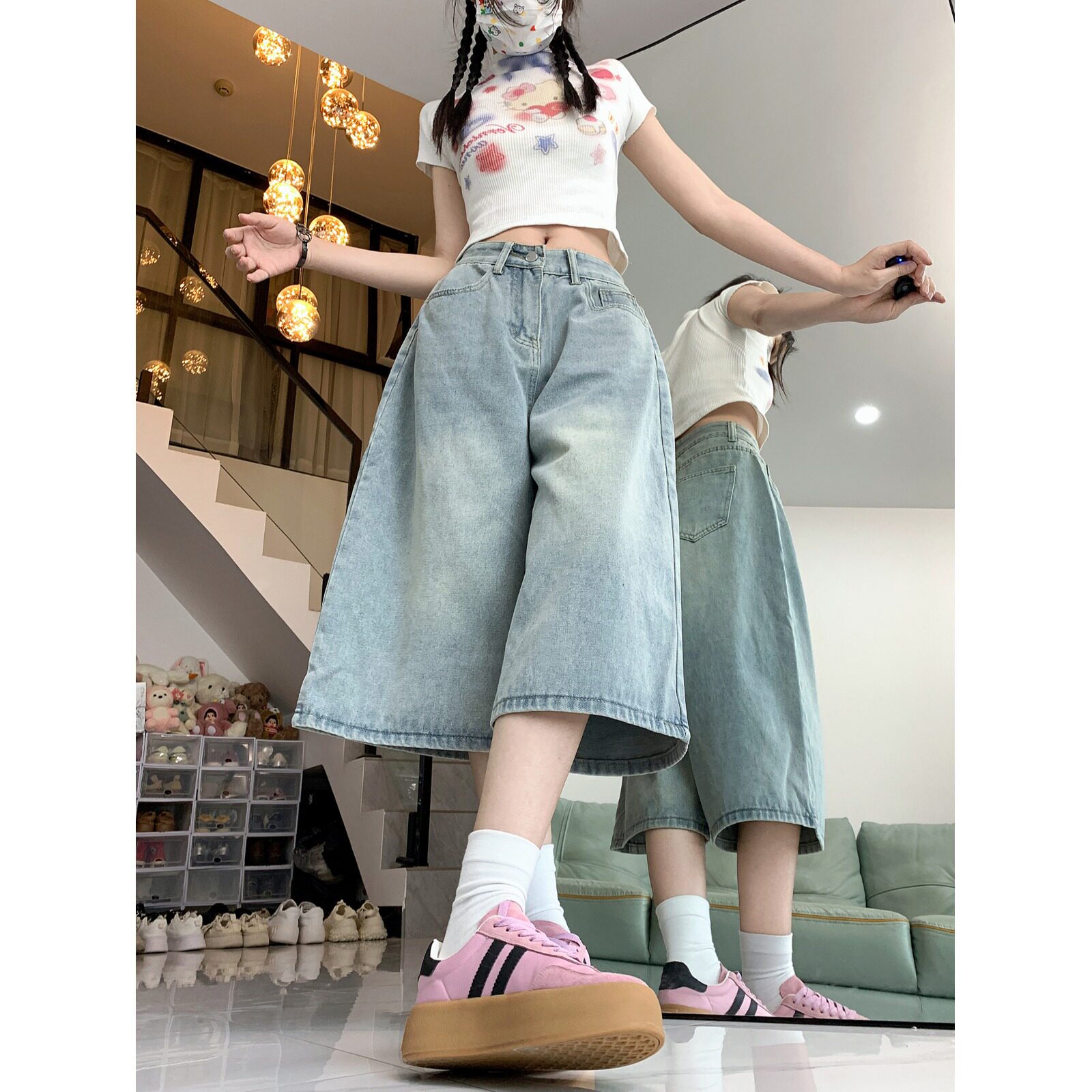 2025春夏美式牛仔裤子女夏季百搭高腰显瘦直筒阔腿七分裤,男装牛仔裤,电商A306A