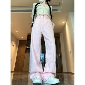 2025春装新款粉色牛仔裤女小众直筒裤设计感高腰阔腿拖地长裤图片