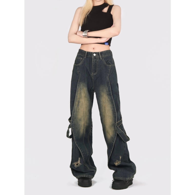 2070-P55拼接设计感牛仔裤女宽松直筒阔腿中性美式长裤，女装牛仔裤，电商A306A