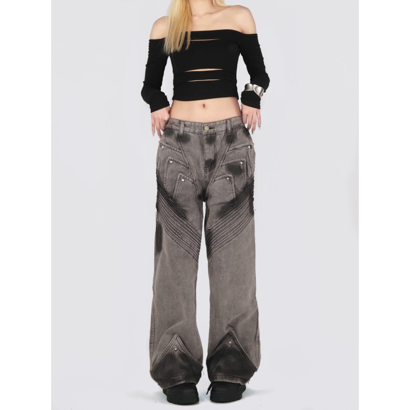 2136-P73废土朋克水洗做旧异形直筒牛仔裤小众解构设计阔腿，女装牛仔裤，电商A306A