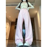 2025春装新款粉色牛仔裤女小众直筒裤设计感高腰阔腿拖地长裤，男装牛仔裤，电商A306A