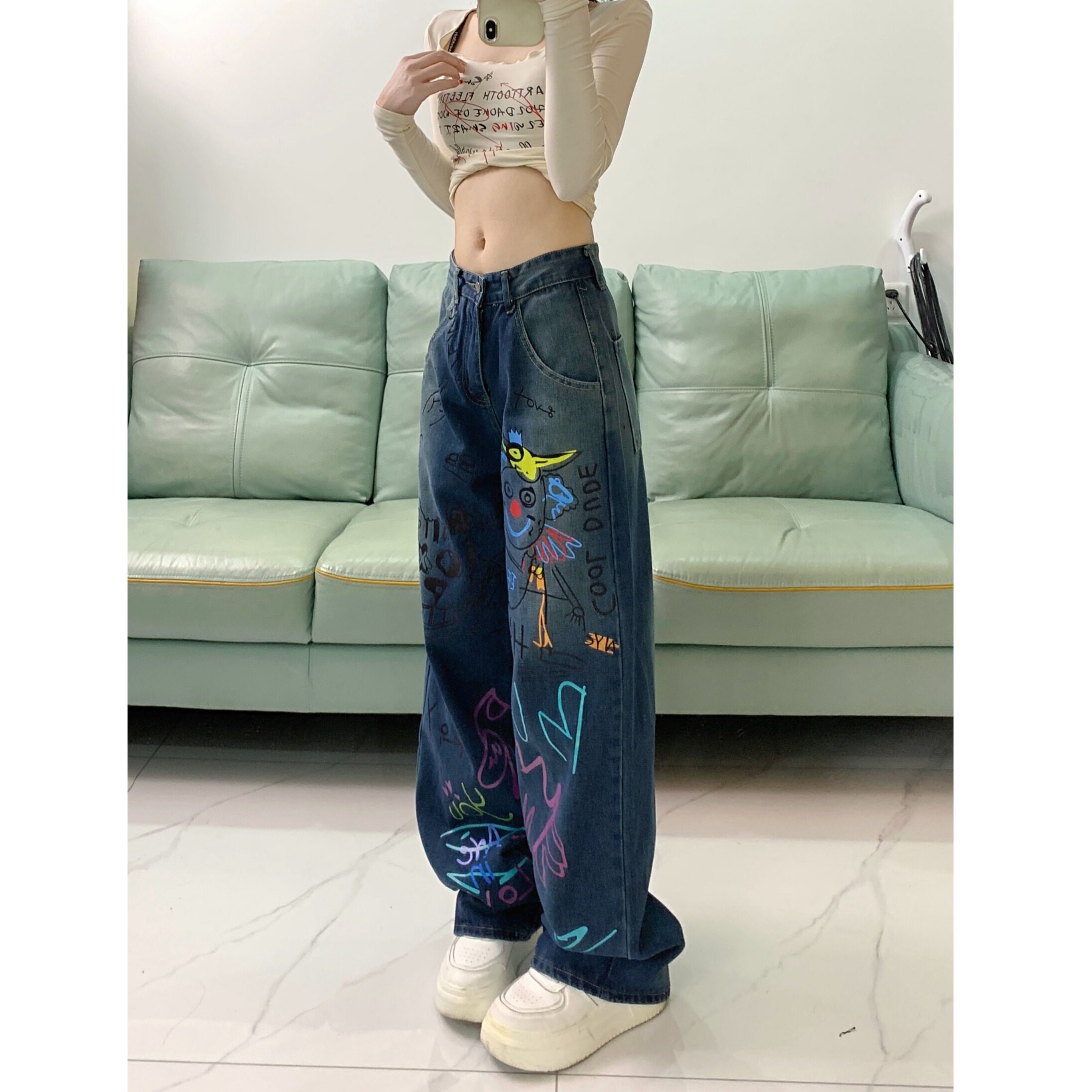 2025四季新款美式复古高街涂鸦牛仔裤女显瘦宽松直筒长裤水洗,女装牛仔裤,电商A306A