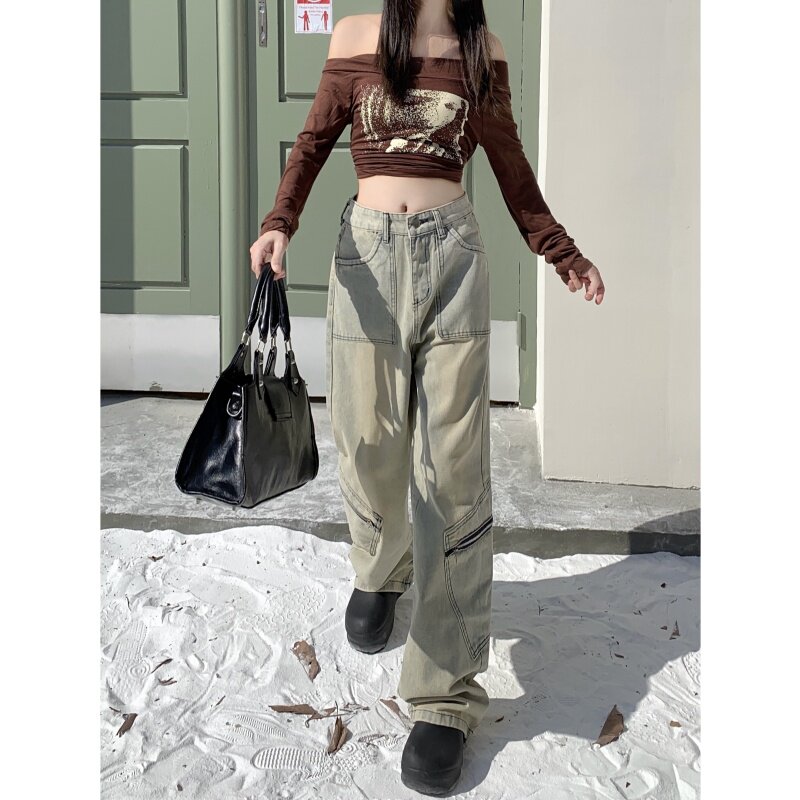 7992-P48复古直筒水洗做旧工装裤高腰显瘦牛仔裤子女长裤子,男装牛仔裤,电商A306A