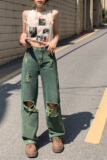 5160-P38特ins嘻哈美式墨绿色破洞牛仔裤宽松直筒裤阔腿裤，男装牛仔裤，电商A306A