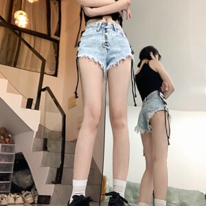 2259-P40 辣妹绑带牛仔裤女夏截图大码夜总店超a字毛边短裤图片