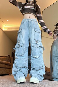 四季高街新款美式辣妹重工阔腿拖地牛仔裤高腰宽松直筒裤中性图片