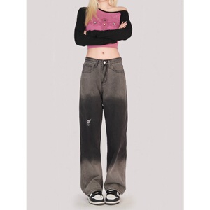 2044-P40 渐变色牛仔裤女潮ins美式复古高街宽松直筒阔腿裤,女装牛仔裤,电商A306A