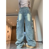 现货秒发！高街美式翻边大口袋工装牛仔裤女复古宽松直筒阔腿裤潮，女装牛仔裤，电商A306A