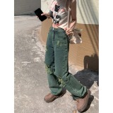 5160-P38特ins嘻哈美式墨绿色破洞牛仔裤宽松直筒裤阔腿裤，男装牛仔裤，电商A306A