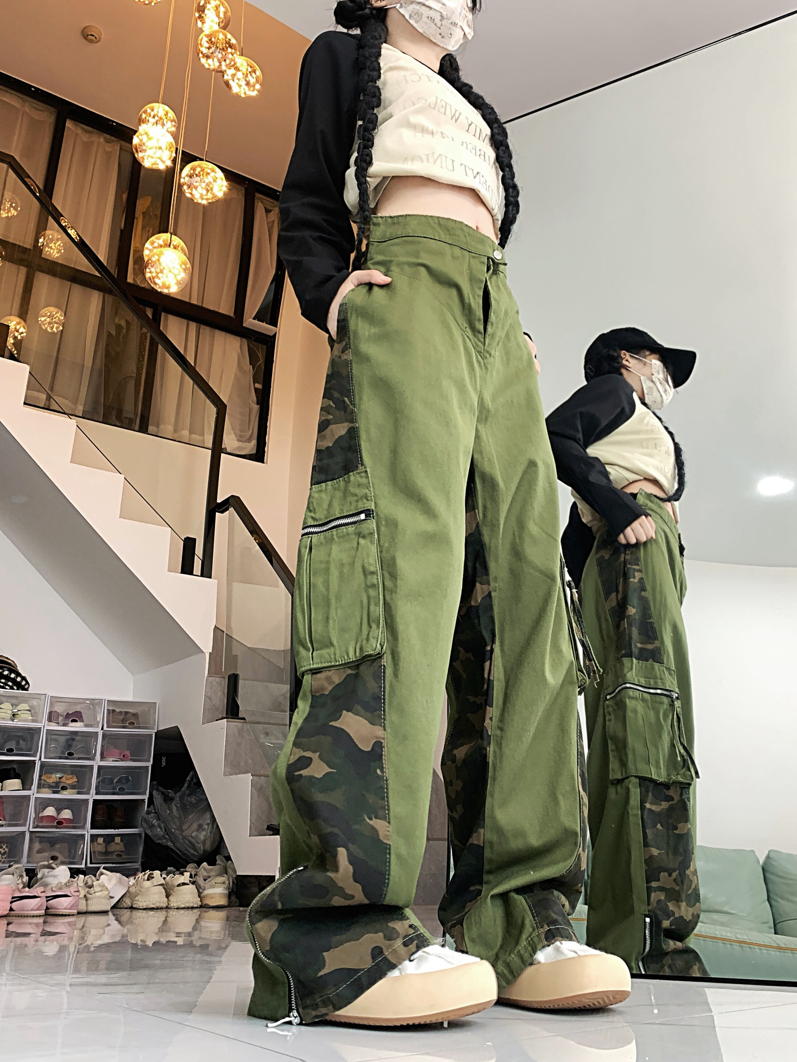 四季款辣妹美式复古工装裤假两件拼接迷彩裤街头直筒裤,男装工装外套,电商A306A