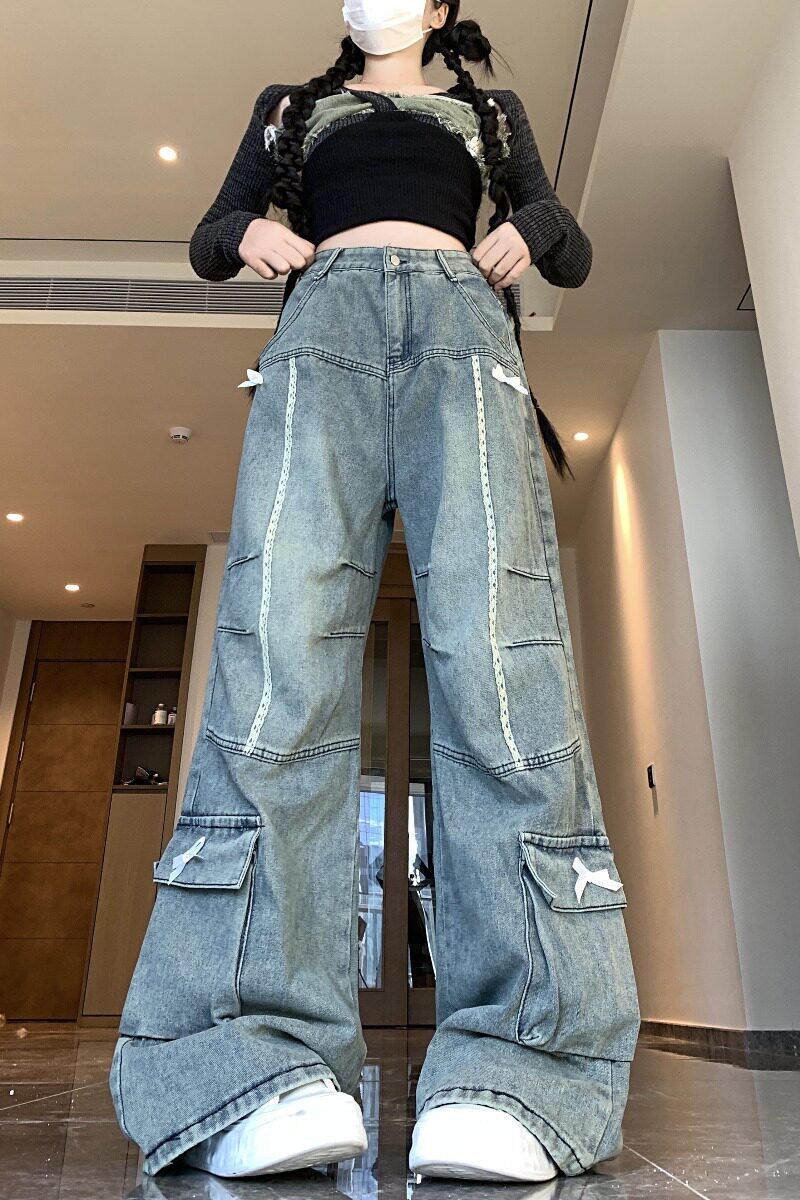 四季2025蝴蝶结设计感牛仔裤女cleanfit风直筒百搭长裤子,男装牛仔裤,电商A306A