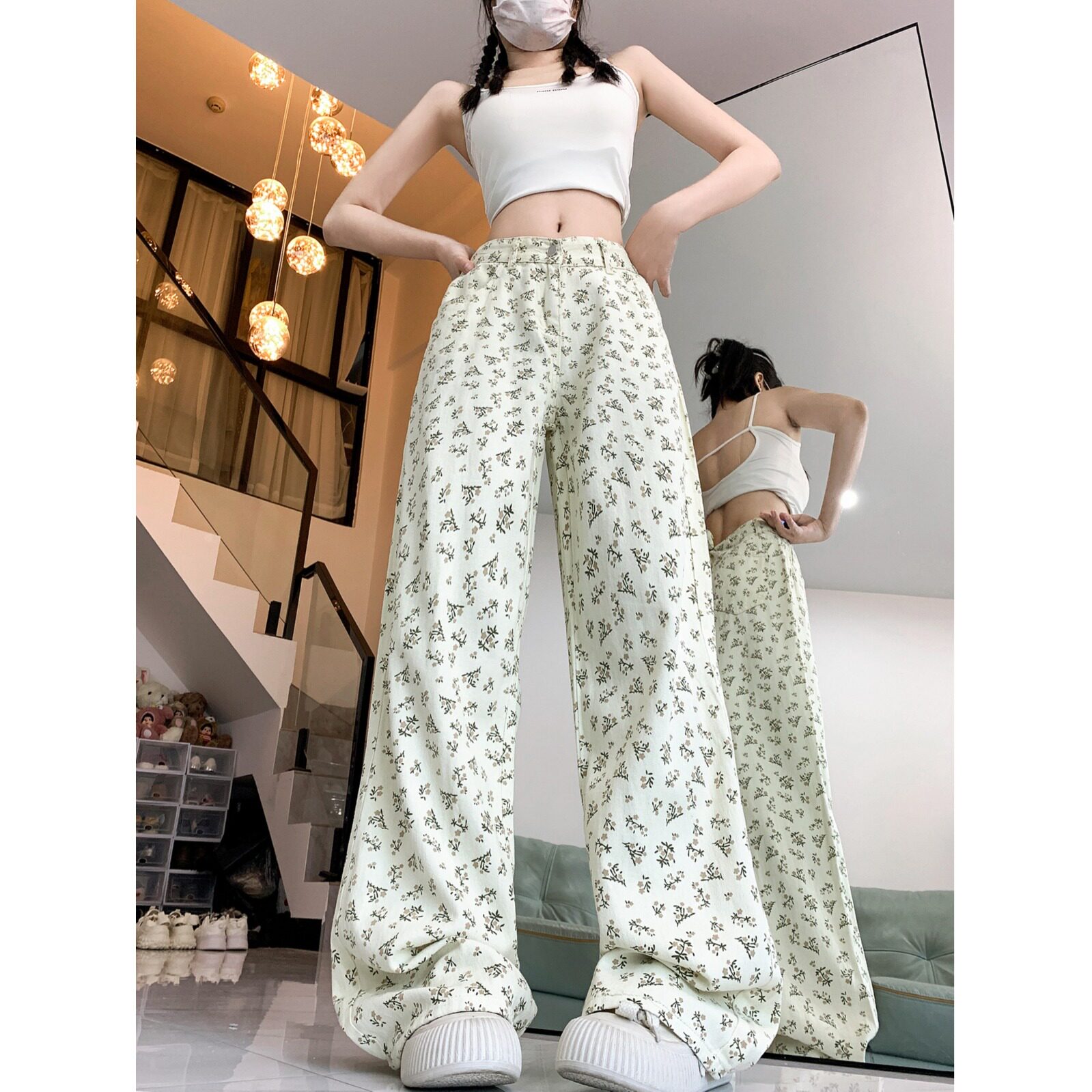 2025春夏美式小清新碎花百搭阔腿裤女新款显瘦直筒长裤女裤,男装牛仔裤,电商A306A
