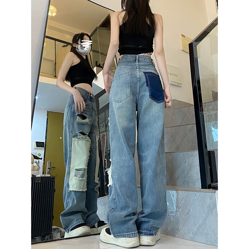 7899-P55破洞小众设计感撞色破坏贴布直筒牛仔裤女宽松街头,男装牛仔裤,电商A306A