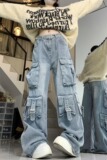 四季2025美式街头vibe工装牛仔裤女设计感多口袋高腰宽松拖地裤，男装牛仔裤，电商A306A