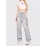 7954-P55破洞复古设计感工装牛仔裤辣妹宽松显瘦拖地裤，女装牛仔裤，电商A306A