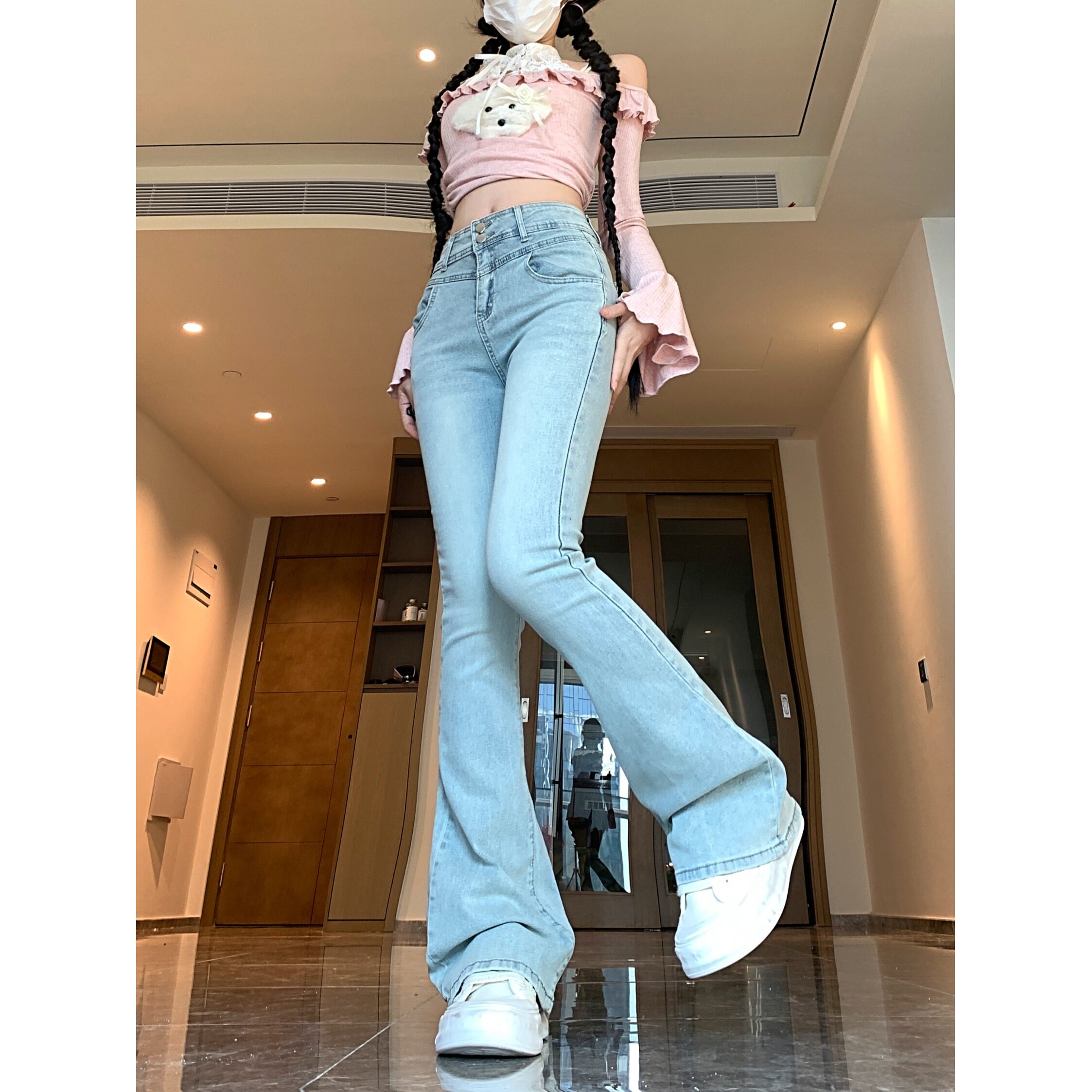 2025新款蝴蝶结微喇叭牛仔裤女紧身包臀裤子高腰显瘦长裤,女装牛仔裤,电商A306A