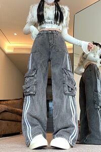 四季款美式复古水洗条纹运动休闲阔腿宽松牛仔裤女显瘦长裤女图片