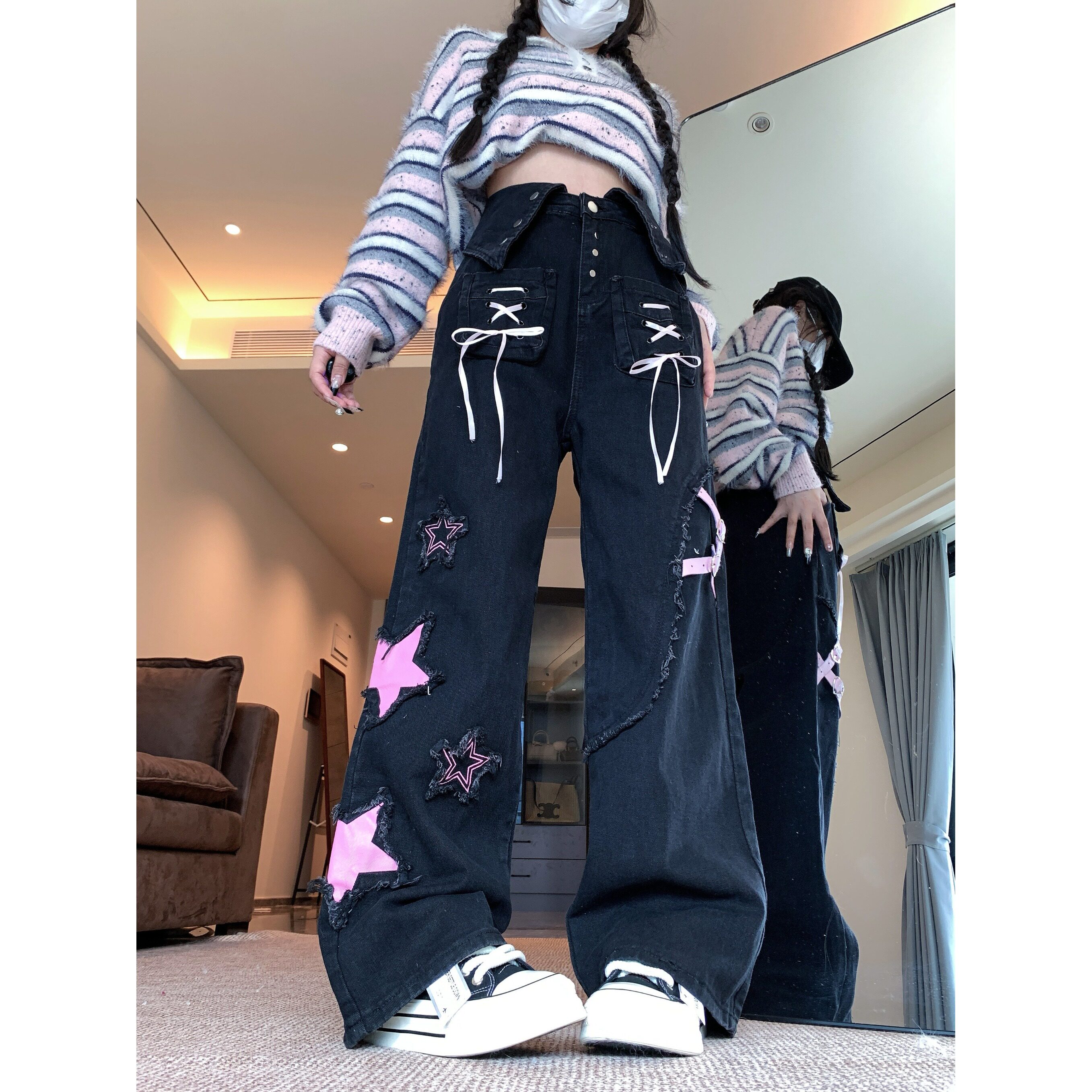 四季新款阔腿裤女显瘦翻领牛仔裤原创星星设计感毛边亚文化,女装牛仔裤,电商A306A