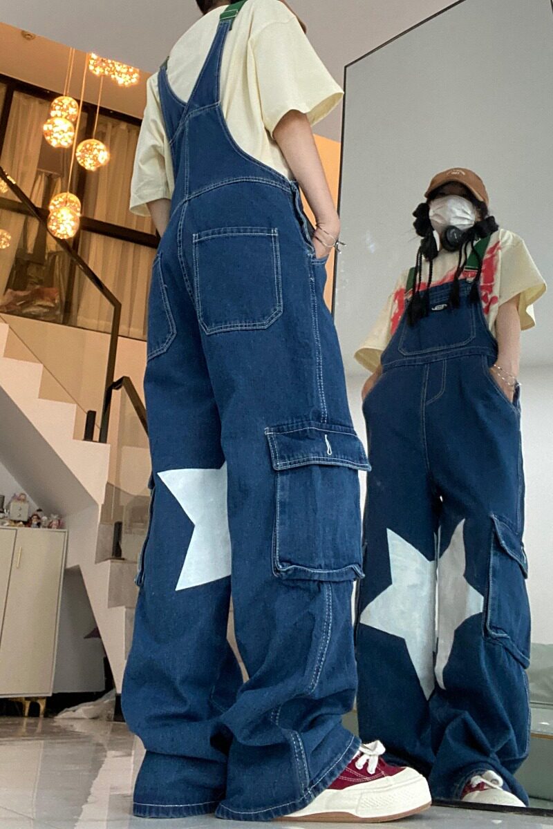 7648-P50港风星星牛仔背带裤女直筒长裤高腰宽松阔腿裤子,男装牛仔裤,电商A306A