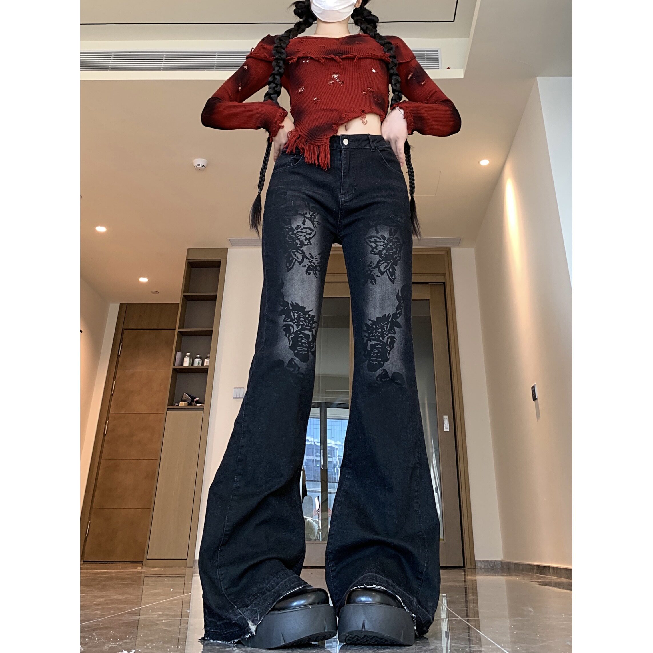 四季20254新款欧美植物印花洗水低腰显瘦喇叭牛仔裤潮,男装牛仔裤,电商A306A