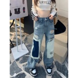 7899-P55破洞小众设计感撞色破坏贴布直筒牛仔裤女宽松街头，男装牛仔裤，电商A306A