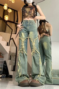 四季新款美式复古辣妹绑带蝴蝶结毛边小众马蹄微喇叭牛仔裤图片