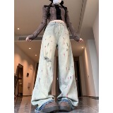 2025春夏新款欧美复古泼墨破洞牛仔裤子女夏季2025新款阔腿长裤，男装牛仔裤，电商A306A