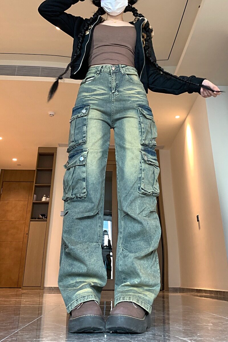 四季款工装牛仔裤男女2025新款复古废土色口袋宽松嘻哈阔腿垂感裤,女装牛仔裤,电商A306A