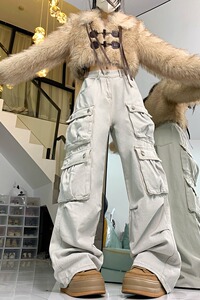 2028-P63 多口袋牛仔裤女复古辣妹宽松显瘦阔腿裤工装裤图片