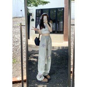 6044-P42特 小众设计感星星美式街头牛仔裤女潮高街复古直筒裤图片