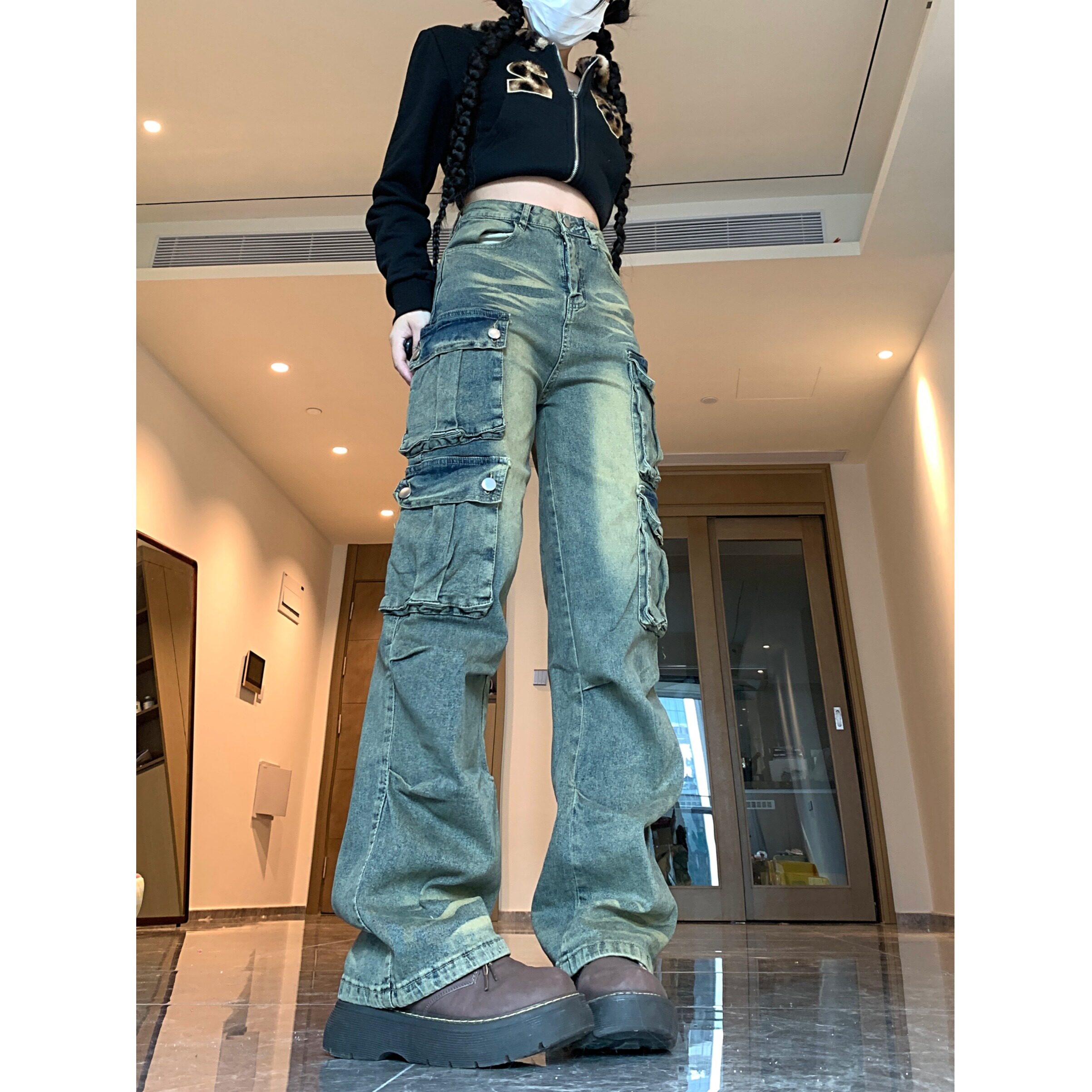 四季款工装牛仔裤男女2025新款复古废土色口袋宽松嘻哈阔腿垂感裤,女装牛仔裤,电商A306A