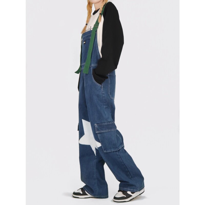 7648-P50牛仔背带裤设计感小众直筒长裤高腰宽松阔腿裤子潮,女装休闲裤,电商A306A