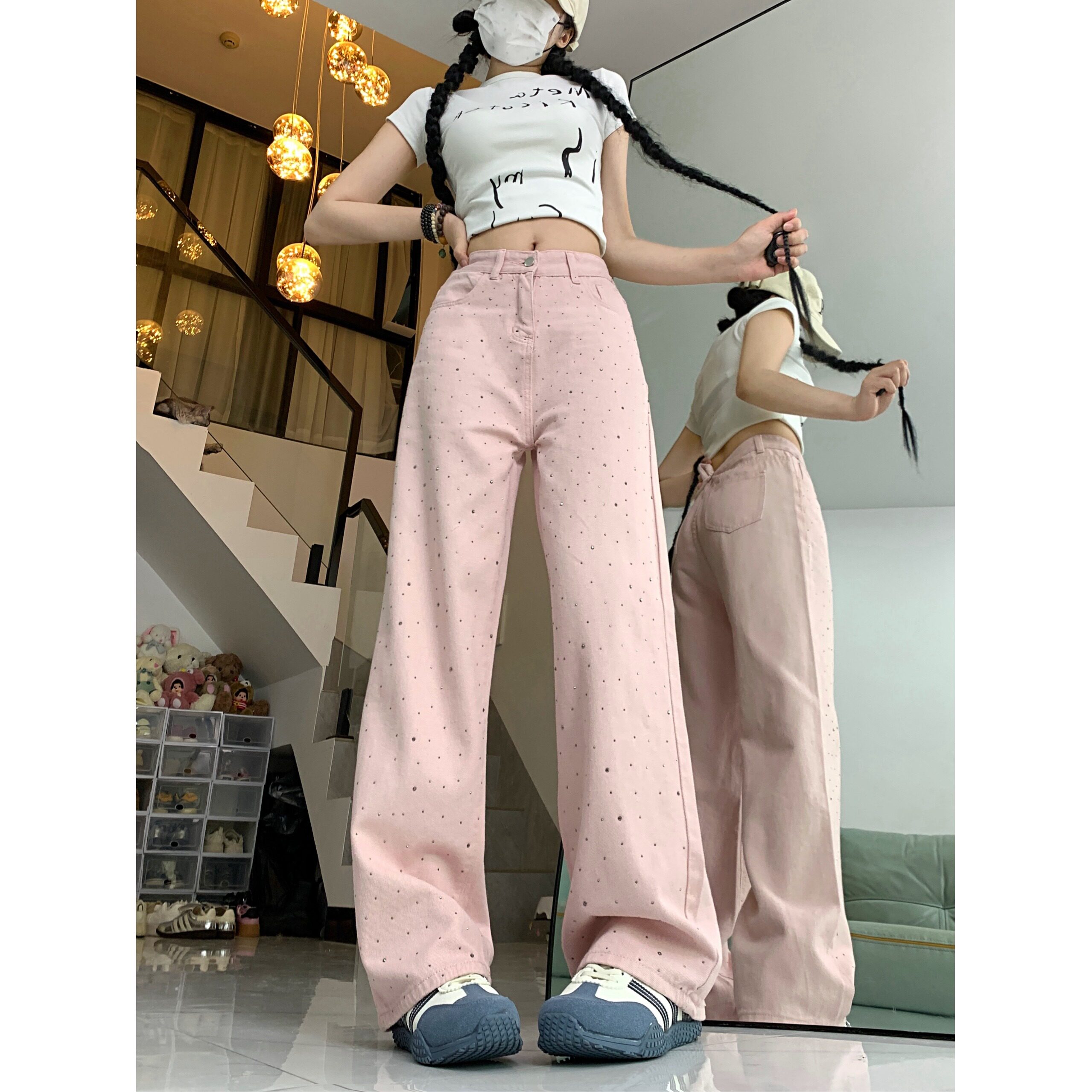 2198-P48美式韩版直筒阔腿裤烫砖阔腿牛仔长裤女,男装牛仔裤,电商A306A