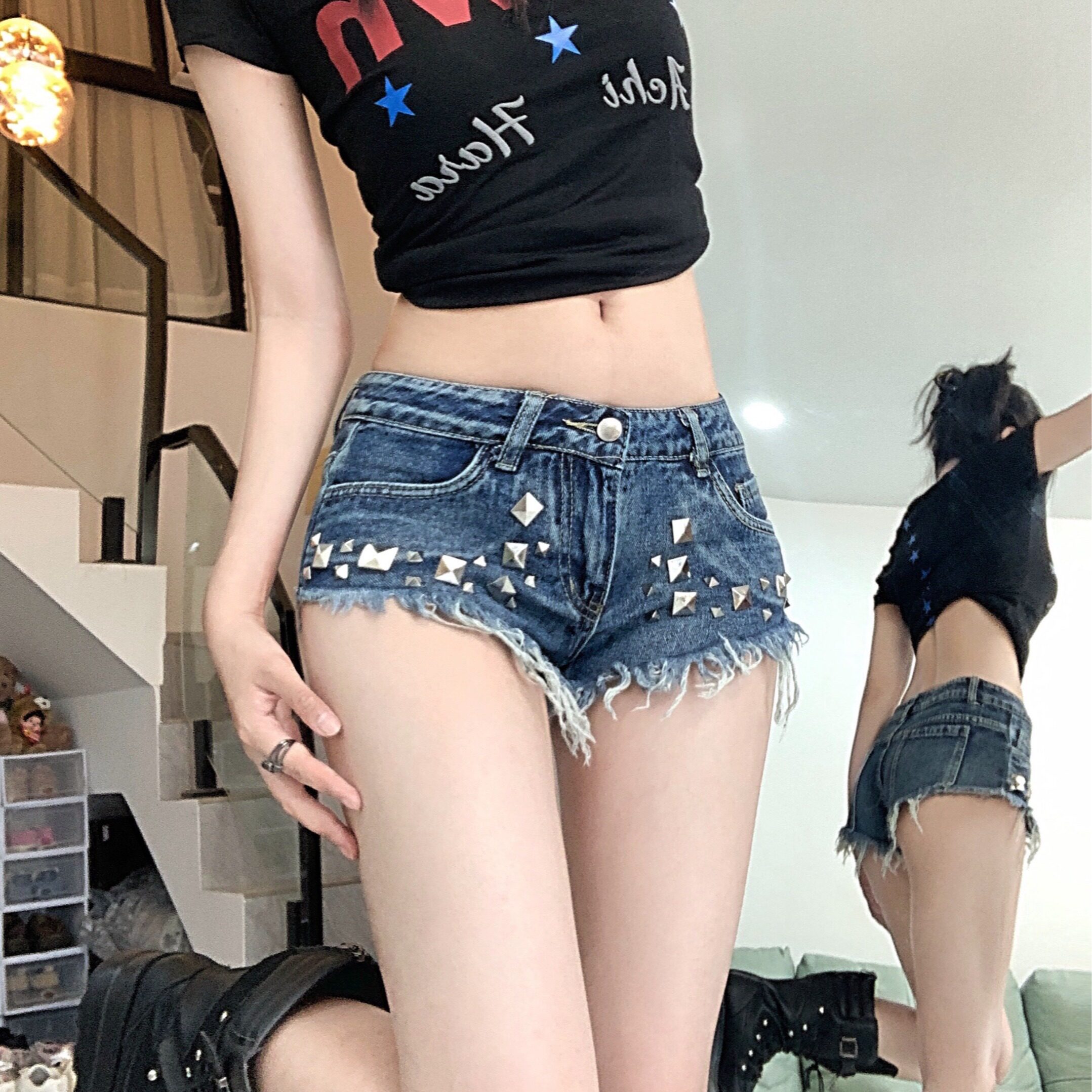 2187-P40美式辣妹复古毛边柳钉低腰牛仔超短裤女a字热裤潮,男装牛仔裤,电商A306A