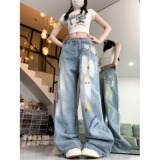 四季2025新款美式千禧辣妹设计感小众涂鸦直筒牛仔裤女高腰显瘦，男装牛仔裤，电商A306A