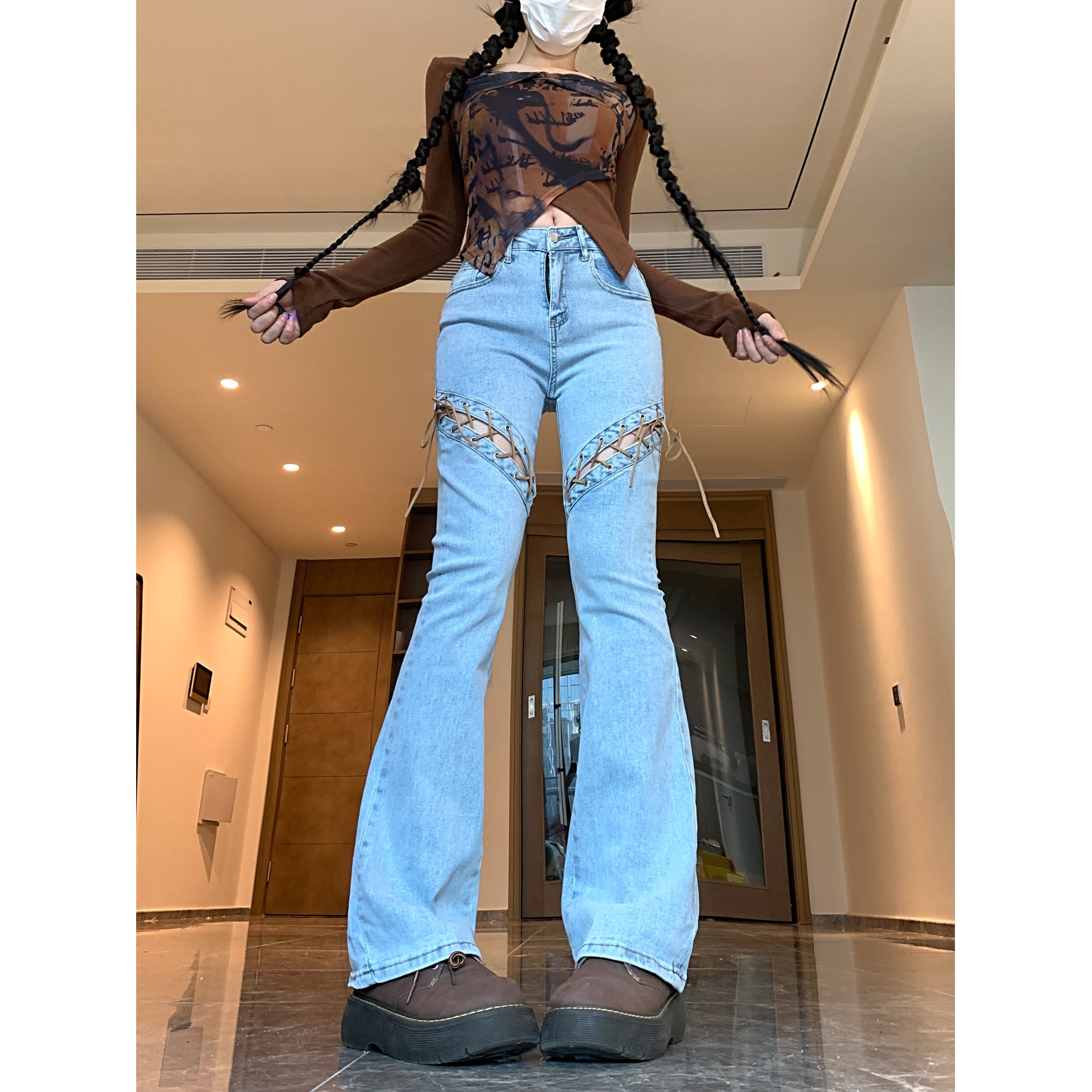 2025年新款牛仔裤女高腰直筒绑带弹力紧身微喇叭长裤子，女装牛仔裤，电商A306A