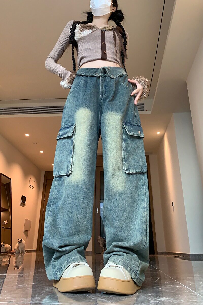 现货秒发！高街美式翻边大口袋工装牛仔裤女复古宽松直筒阔腿裤潮,女装牛仔裤,电商A306A