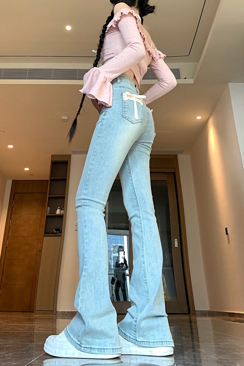 2025新款蝴蝶结微喇叭牛仔裤女紧身包臀裤子高腰显瘦长裤,女装牛仔裤,电商A306A