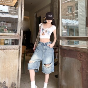2213-P45  美式复古风水洗牛仔短裤女街头直筒阔腿七分裤子潮图片