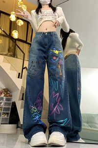2025四季新款美式复古高街涂鸦牛仔裤女显瘦宽松直筒长裤水洗图片