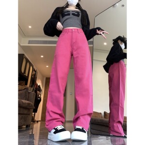 2025春季玫红色裤子高街潮玫红色牛仔裤女简约直筒裤子潮