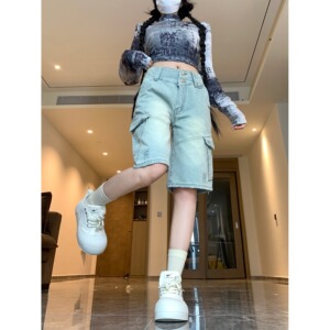 2268-P48 春夏工装牛仔短裤男女新款高街怀旧直筒休闲五分裤子图片